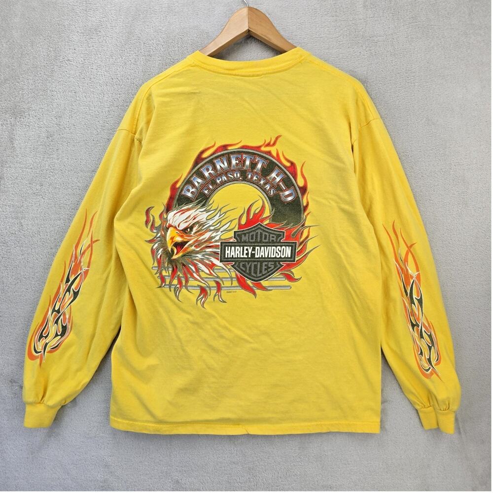 Vtg Harley Davidson Long Sleeve Shirt Large Yellow Eagle Flames Hit El Paso Y2K